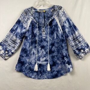 Figueroa & Flower Peasant Blouse Womens PL Blue Tie Dye Tassel Boho Hippie